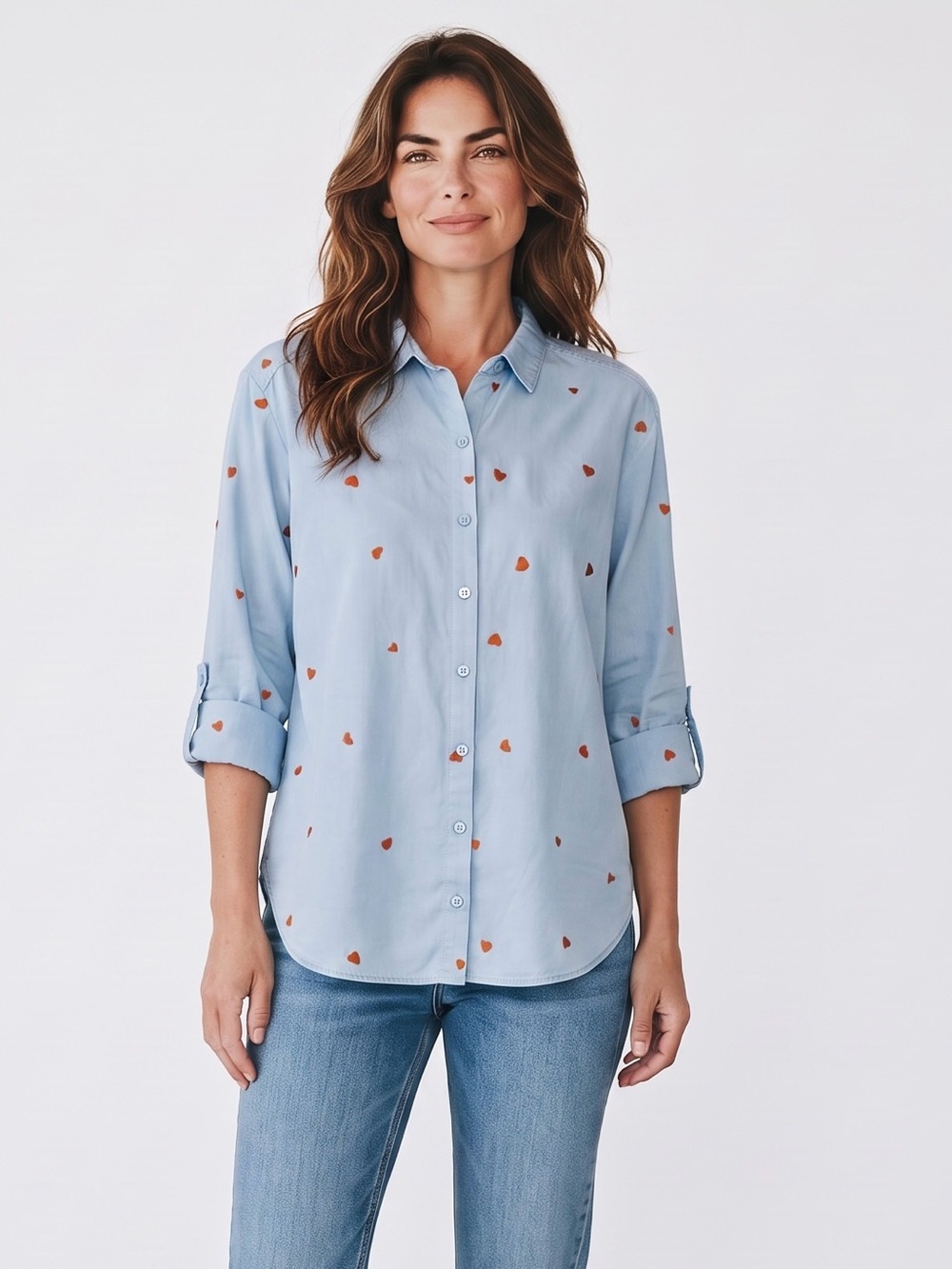 NWT New Jane & Delancey Denim Light Blue Heart Embroidered Cotton Shirt Size S